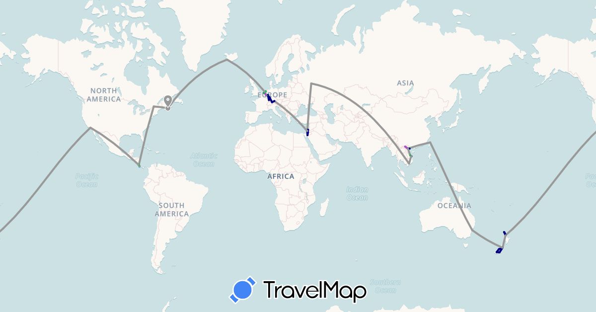 TravelMap itinerary: driving, bus, plane, train, boat in Australia, Canada, Costa Rica, Germany, France, Israel, Iceland, Netherlands, New Zealand, Russia, Taiwan, United States, Vietnam (Asia, Europe, North America, Oceania)